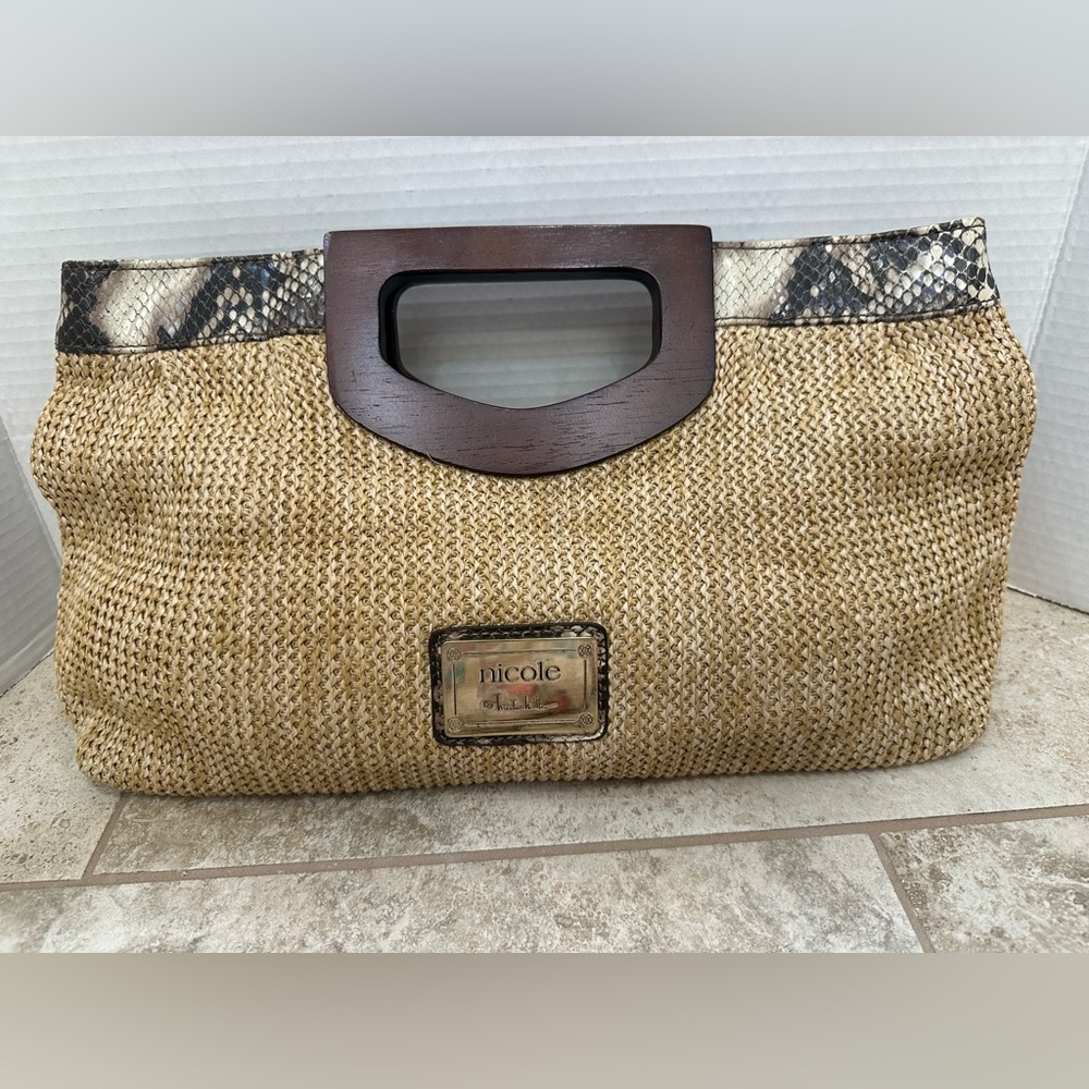 Nicole Beige Woven Tote with Dark Wood Handle